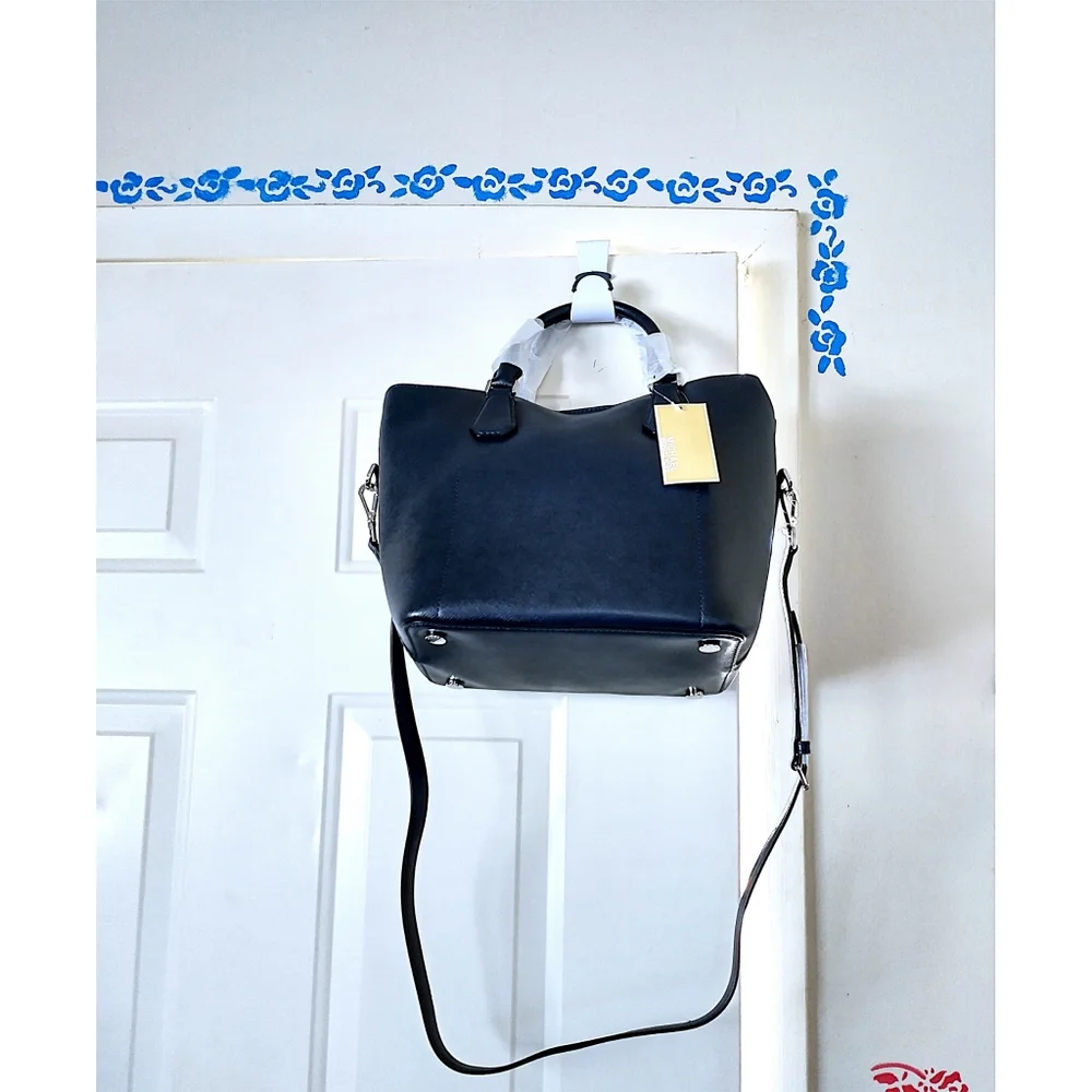 New! MICHAEL KORS Leather Greenwich Large Grab Bag Handbag Crossbody Navy Blue